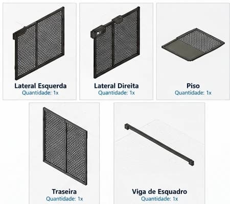 Peças da criadeira MGV16: lateral esquerda, lateral direita, piso, traseira e viga de esquadro